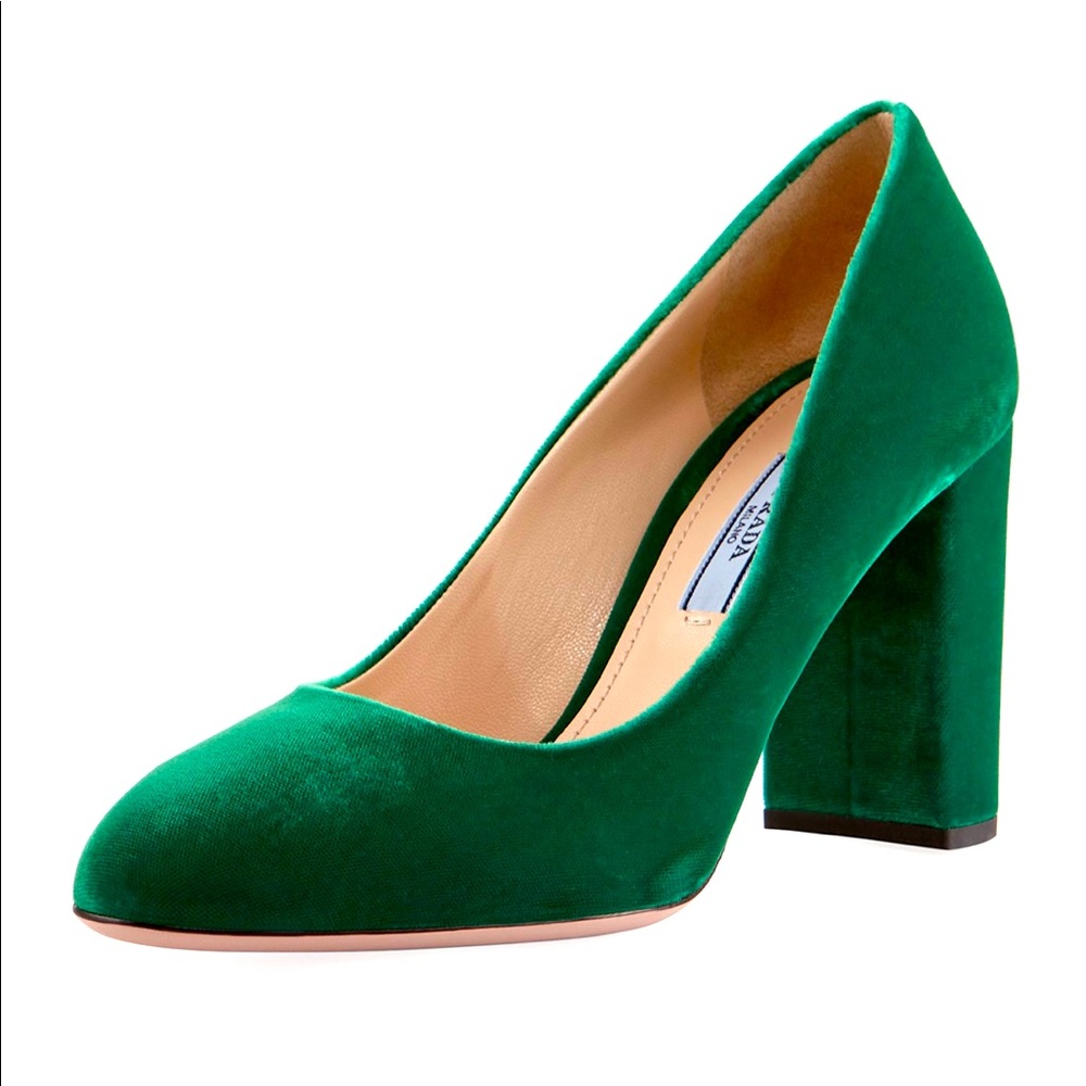 Authentic Prada Green Velvet Block Heels